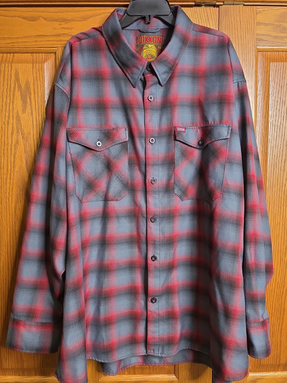 DIXXON Red and Gray Plaid Flannel Shirt with Badge Label